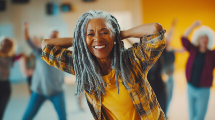 Elderly Black woman with gray dreadlocks teaching a dance class in a brightly lit studio, leading a group of seniors in fun and energetic movements, their smiles and joy filling the space