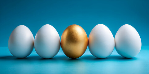 A row of five eggs, four white and one shiny gold, set against a blue background, symbolizing...