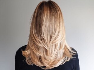 Naklejka premium A woman with long blonde hair is shown from the back