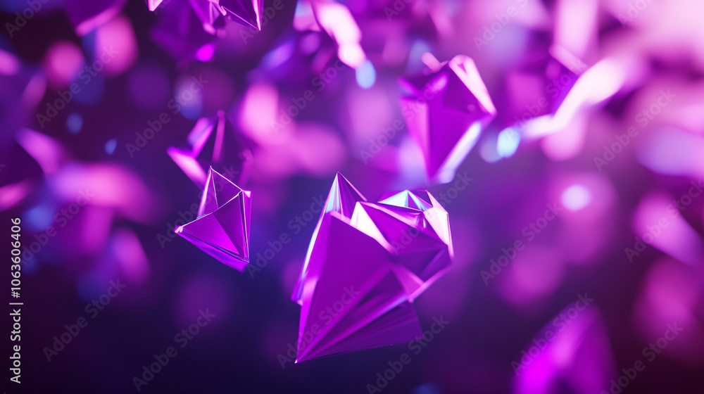 Poster a purple background with many 3d geometry objects scattered throughout. the objects are of different