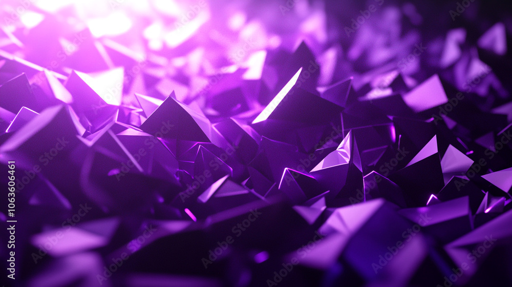 Poster a purple background with many 3d geometry objects scattered throughout. the objects are of different