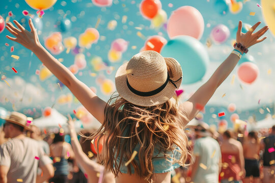 Young woman man child people pet enjoying the festival of hot air balloons, capturing selfie colorful balloons in the sky