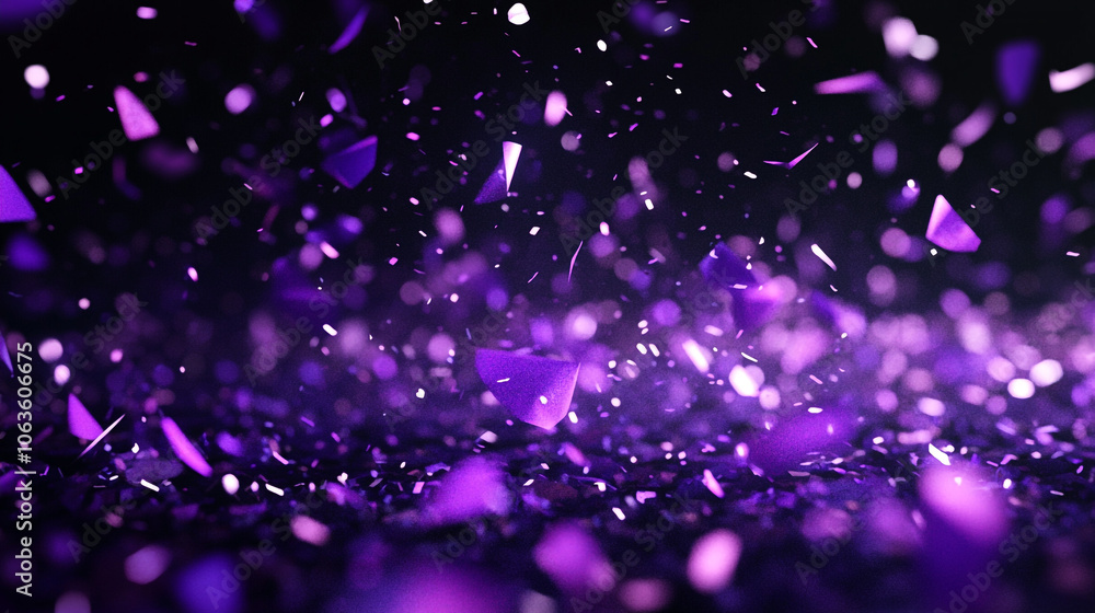 Poster a purple background with many 3d geometry objects scattered throughout. the objects are of different
