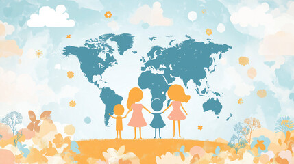 Illustration with family symbols on the background of a world map. Global family day