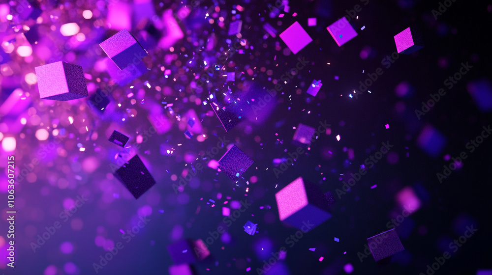 Poster a purple background with many 3d geometry objects scattered throughout. the objects are of different