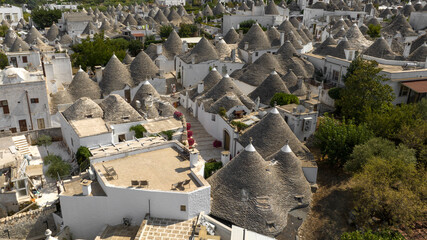 Aerial view of the Trulli in the historic center of Alberobello, in the metropolitan city of Bari,...