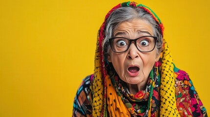 Obraz premium An elderly woman expressing shock or surprise, adorned with colorful clothing and glasses against a vibrant yellow background.