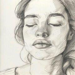 Fototapeta premium This artwork portrays a young woman with her eyes closed, exuding tranquility. The detailed pencil sketch highlights her features and expressive calmness, inviting reflection
