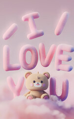 A 3D render of a cute, teddy bear-like animal sitting down. The animal is made of a soft, plush material and is sitting on a cloud. The background is a soft, pastel pink sky.