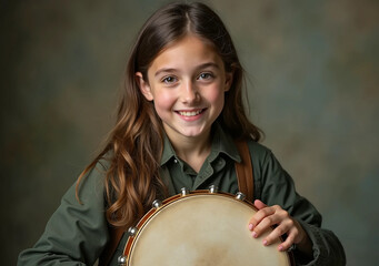Fototapeta premium Smiling Girl Holding Traditional Irish Bodhrán Drum