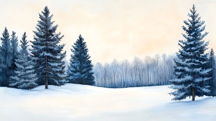 Fototapeta premium A serene winter landscape featuring snow-covered fields and tall evergreen trees under a soft pastel sky.