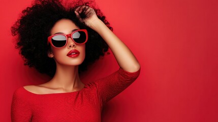 Fototapeta premium Woman in red dress and sunglasses poses against a matching red background, AI