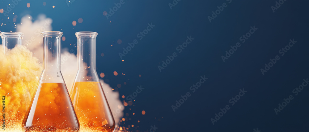 Poster explosive chemistry flasks, vibrant conical flasks bursting dramatically, creating a dynamic backdro