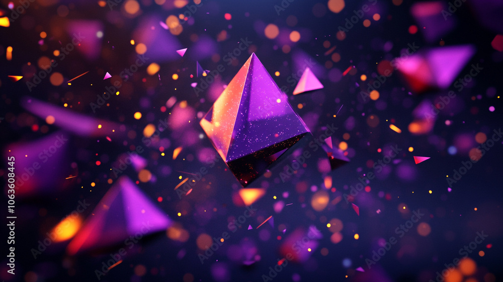 Poster a purple background with many 3d geometry objects scattered throughout. the objects are of different