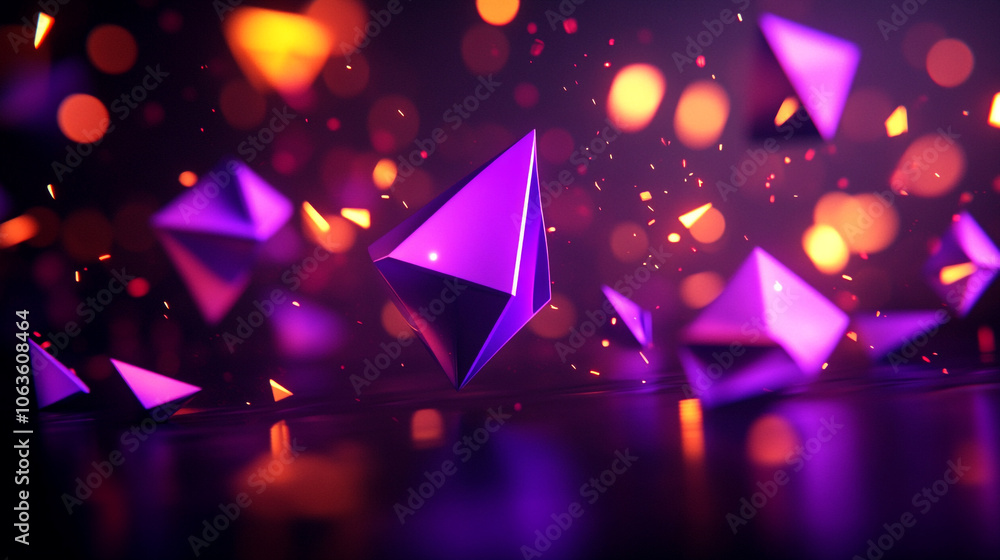 Poster a purple background with many 3d geometry objects scattered throughout. the objects are of different