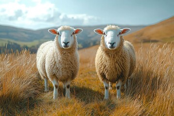 Fototapeta premium Two White Sheep Standing in a Field of Tall Grass