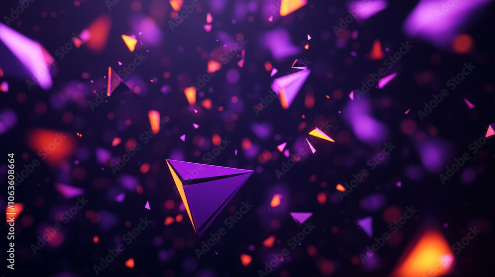 Poster a purple background with many 3d geometry objects scattered throughout. the objects are of different