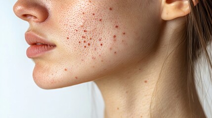 Obraz premium Close-up of a woman's face with visible acne and natural skin texture, promoting skin positivity and acne awareness.