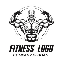Gym logo vector illustration skull bodybuilder silhouette black color logo template