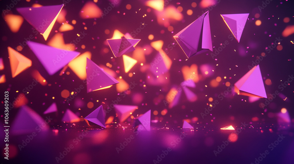 Poster a purple background with many 3d geometry objects scattered throughout. the objects are of different