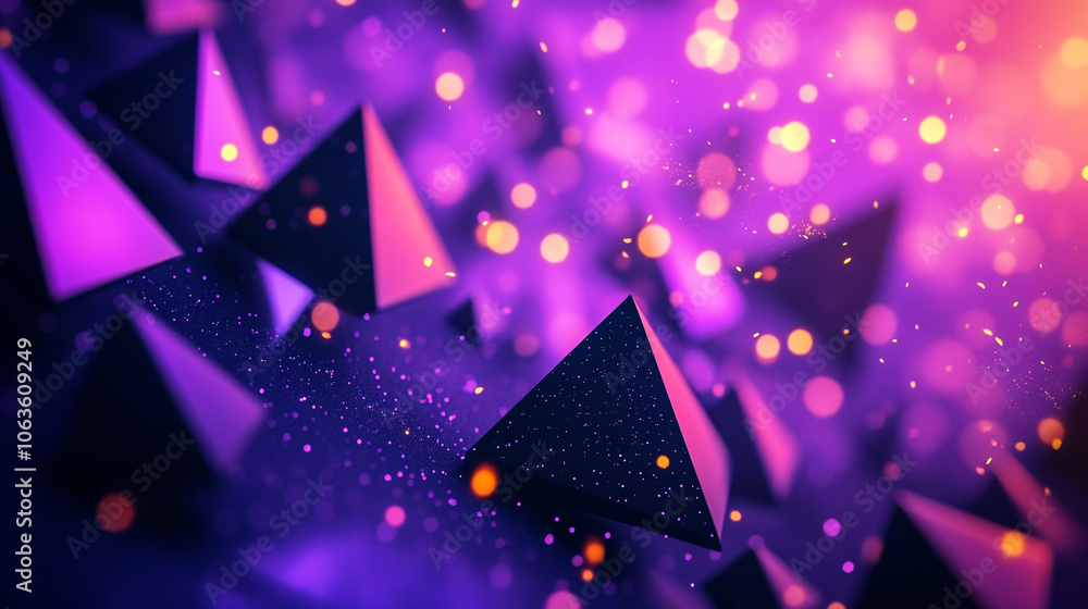 Poster a purple background with many 3d geometry objects scattered throughout. the objects are of different