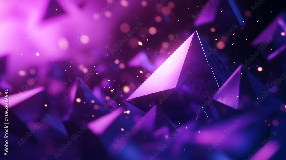 Poster a purple background with many 3d geometry objects scattered throughout. the objects are of different