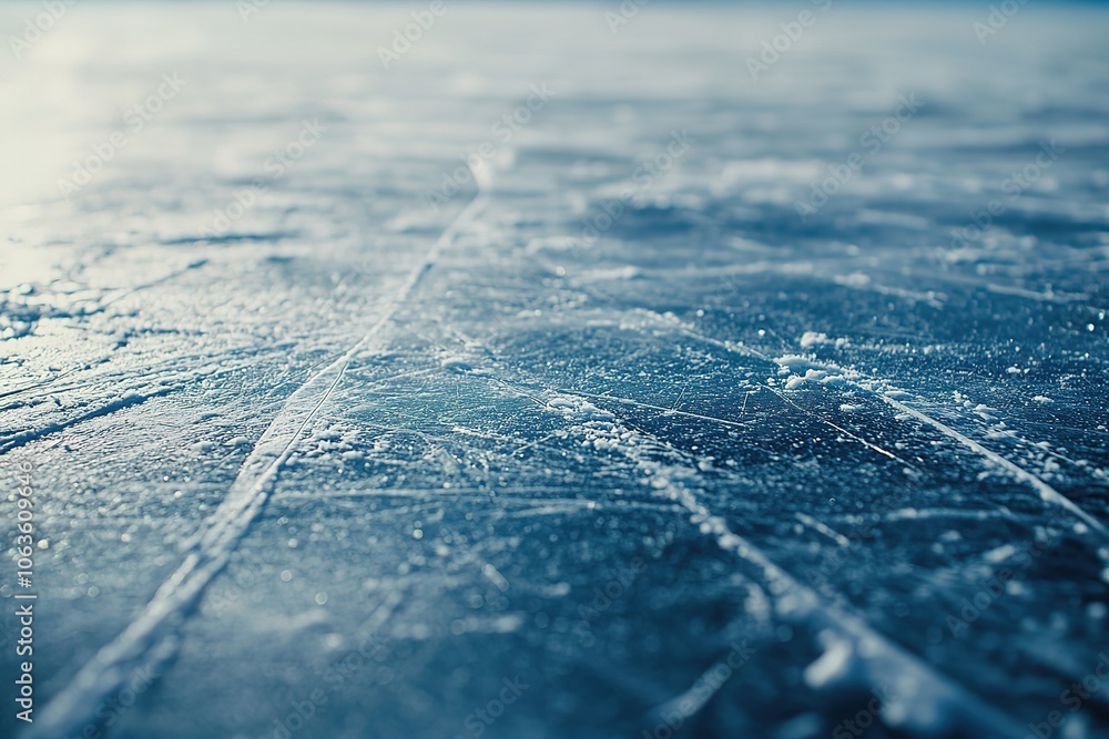 Poster a background of an ice skating rink with a frozen blue surface, featuring visible lines and cracks