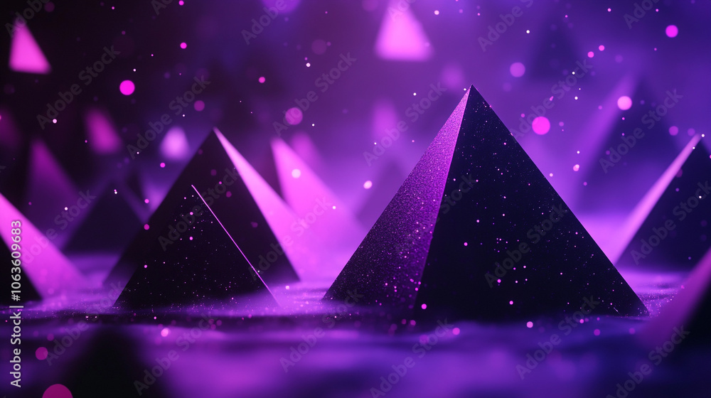 Poster a purple background with many 3d geometry objects scattered throughout. the objects are of different