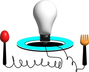 3D illustration of concept, idea, lamp, plate, fork, spoon, white light with background