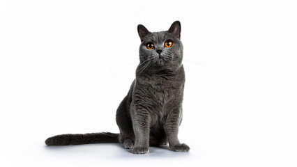 Chartreux cat sitting on white background.