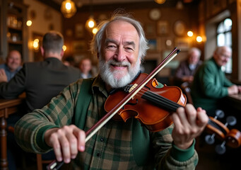 Fototapeta premium Joyful Irish Senior Man Playing Violin in a Cozy Pub Setting