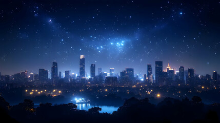 Fototapeta premium Night Cityscape with Stars Illustration