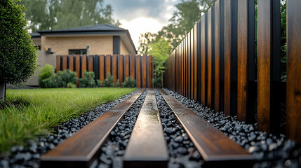 Obraz premium Wooden Path in Garden with Black Gravel and Wooden Fence - Photo