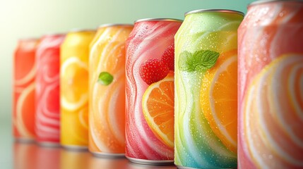 Vibrant tin cans featuring various fruit drinks showcase playful designs against a soft pastel background, creating an inviting and refreshing atmosphere.