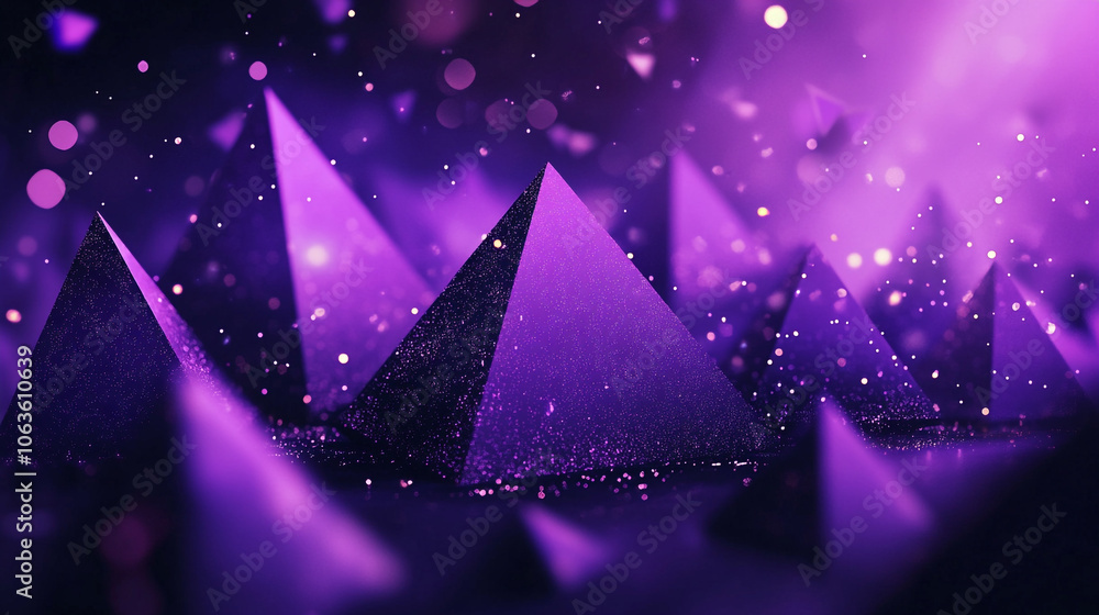 Poster a purple background with many 3d geometry objects scattered throughout. the objects are of different