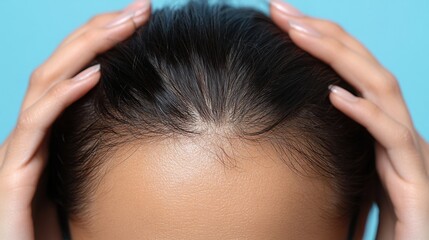 Naklejka premium Individual with receding hairline holds back thinning hair in a close-up shot highlighting early male pattern baldness
