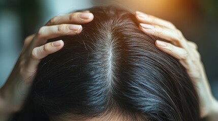 Naklejka premium Individual with receding hairline holds back thinning hair in a close-up shot highlighting early male pattern baldness