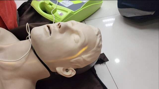CRP training with a human mannequin, close-up at head with lighting signal that display as the blood line respone with the blood pressure by CPR. Healthcare or emergency training concept 4k footage.
