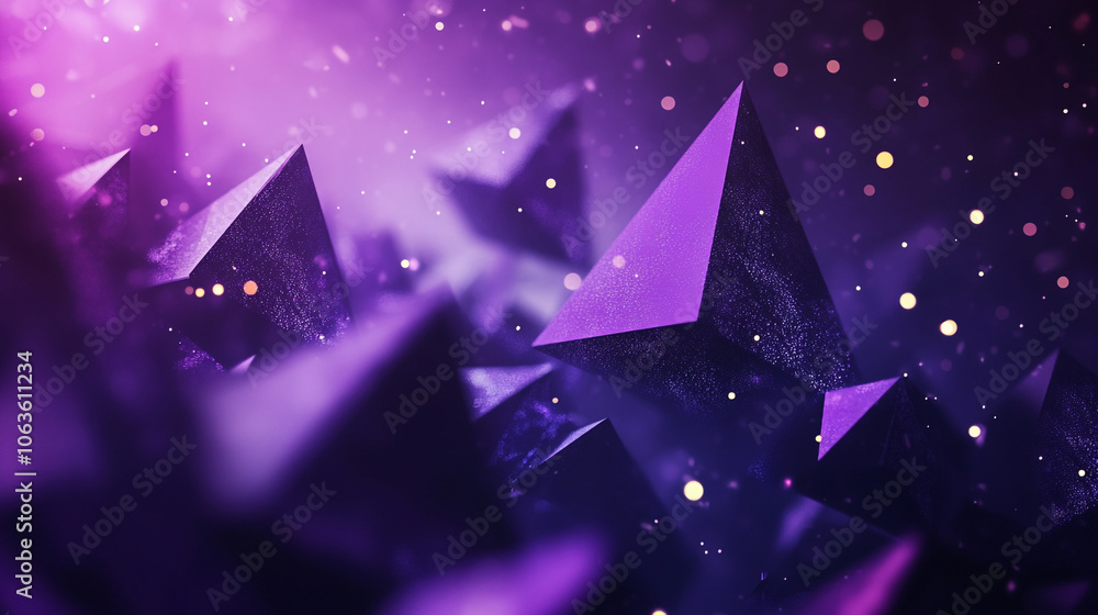 Poster a purple background with many 3d geometry objects scattered throughout. the objects are of different