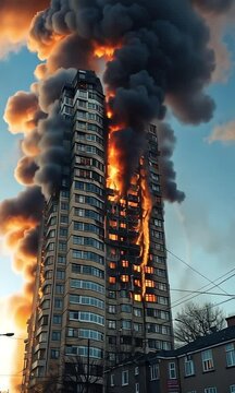 Black smoke and fire in a multi-story apartment complex 