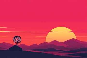 Obraz premium A vibrant sunset landscape featuring silhouettes of mountains and a windmill against a colorful sky.