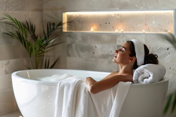 A woman relaxing in her bathtub in a modern spa bathroom.
