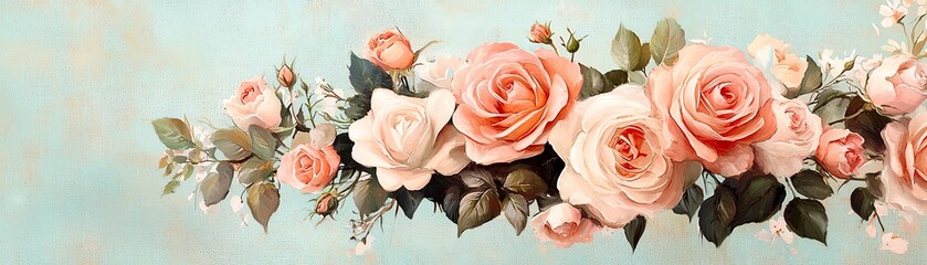 Beautiful arrangement of soft pink roses against a light blue background, perfect for floral designs and romantic themes.