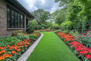 lush manicured lawn with vibrant flowerbeds surrounded by lush deciduous shrubs showcasing a picturesque outdoor space filled with greenery and blooming colors under a bright sky