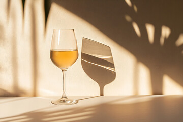 Golden wine glass casting an intricate shadow on a sunlit table in a cozy setting