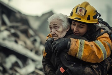 A firefighter assists an elderly woman, offering much-needed support and solace as they navigate the aftermath of a devastating event together.