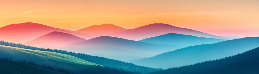 Fototapeta premium Breathtaking panoramic view of colorful mountains at sunset, showcasing vibrant hues and serene landscape.