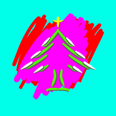hand drawn sketch of a christmas tree with abstract red and purple background
