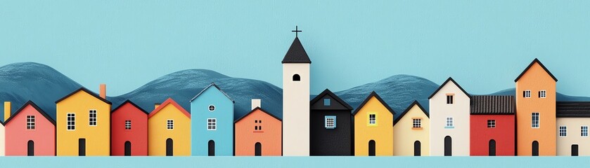 Fototapeta premium Colorful houses line a serene landscape, showcasing a charming architectural style against a blue sky with distant mountains.