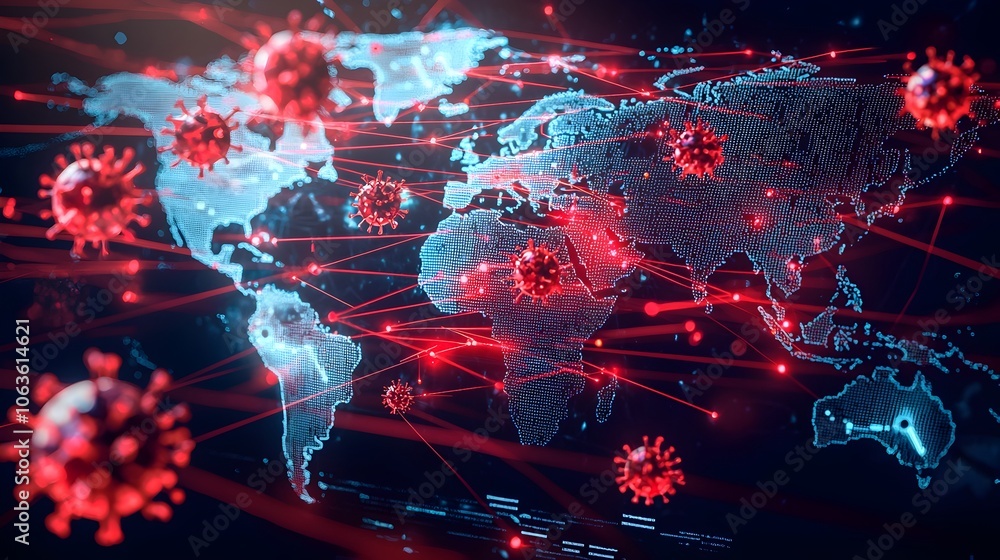 Poster global viral outbreak spreading across interconnected world map with glowing transmission particles